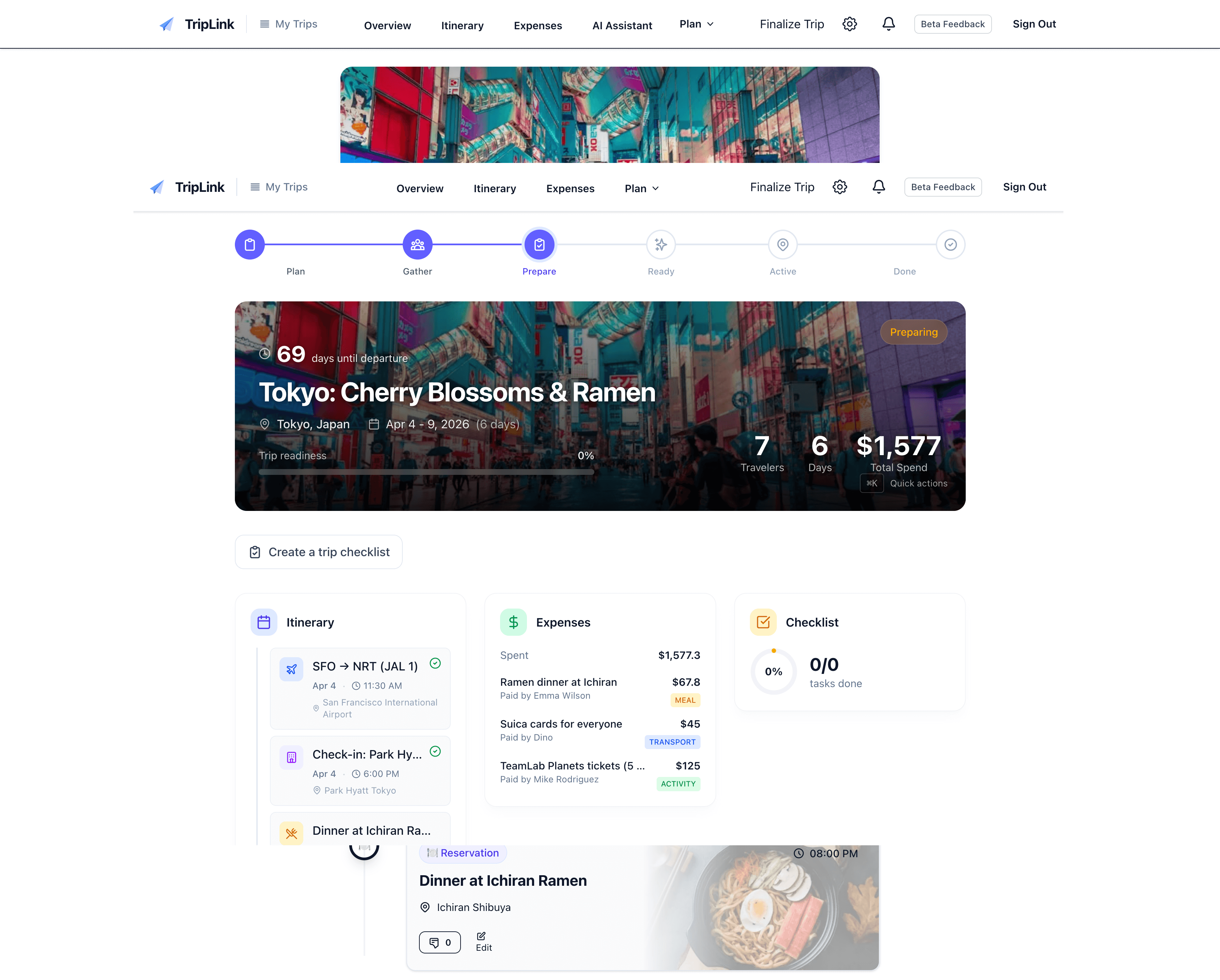 TripLink itinerary view showing a Tokyo trip with flights, hotels, and activities